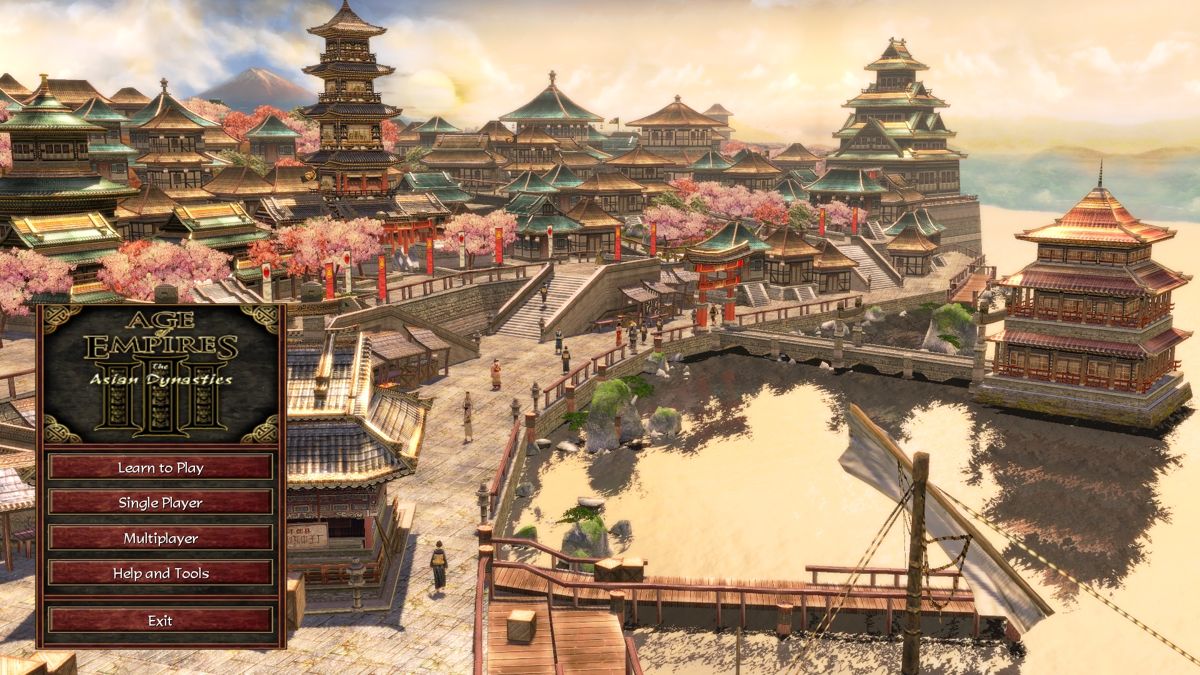 Age of Empires III: The Asian Dynasties (Windows) screenshot: Main menu (Japanese home city)
