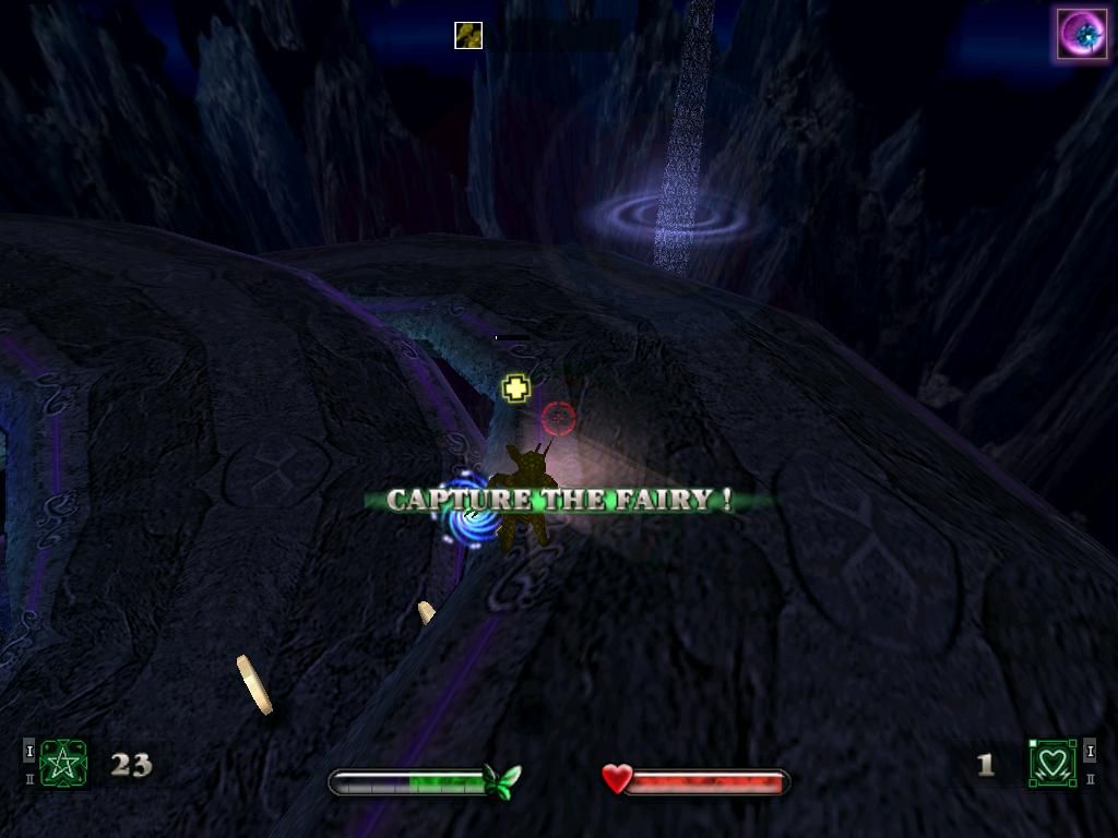 Zanzarah: The Hidden Portal (Windows) screenshot: Fairy Combat - When an enemy fairy is weakened enough, Amy may opt to capture the fairy (if she has also has a magical sphere) by moving in her fairy to intercept the weakened fairy.