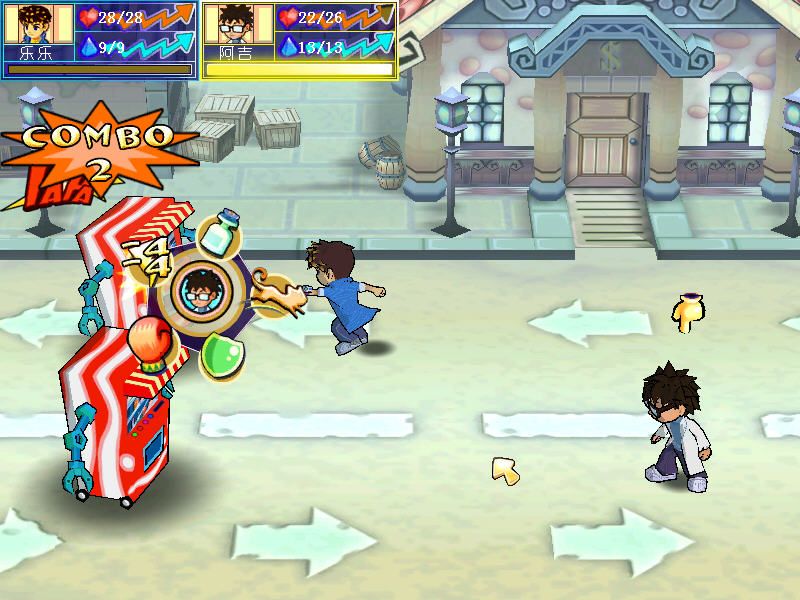 Tun Town 2 (Windows) screenshot: LeLe attacks a robotic enemy