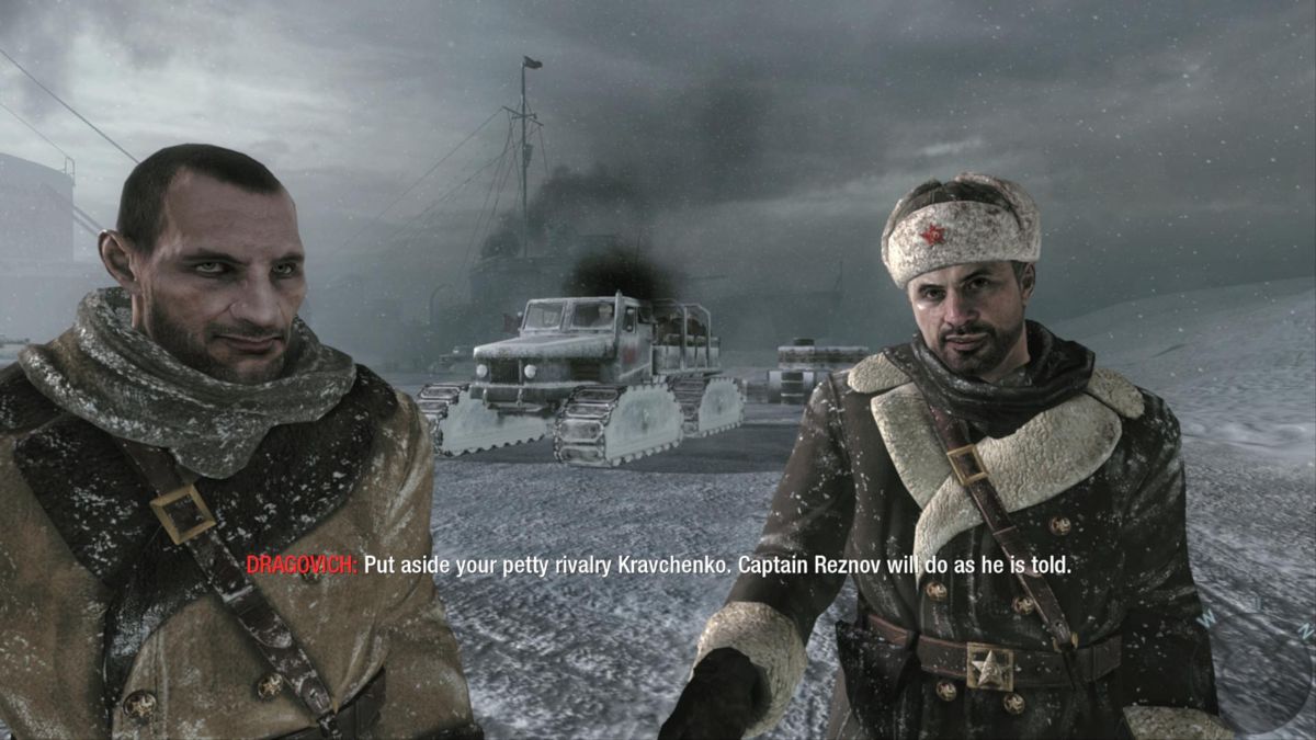 Call of Duty: Black Ops (Windows) screenshot: This is during Reznov's World War II experience. Dragovich is the main villain of the game, he is on the right. His lackey Kravchenko on the left.