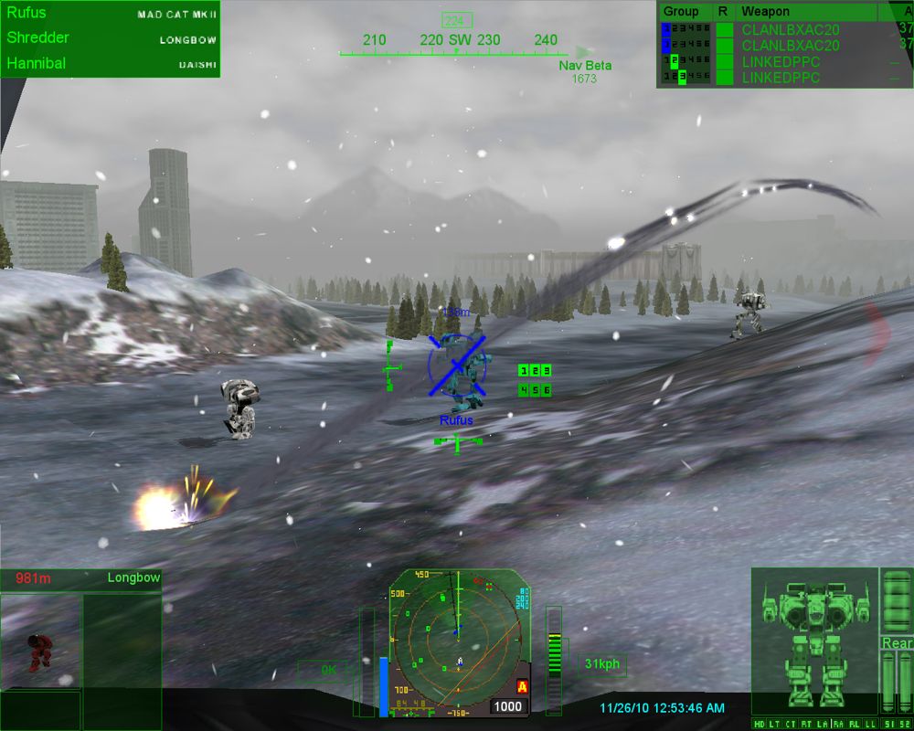 MechWarrior 4: Mercenaries (Windows) screenshot: Directing my lance to scout ahead while we dodge enemy fire.