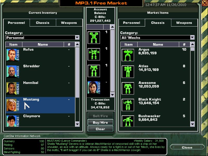 MechWarrior 4: Mercenaries (Windows) screenshot: The Free Market: hire lancemates, buy weapons and mechs or simply cash in on your salvage.