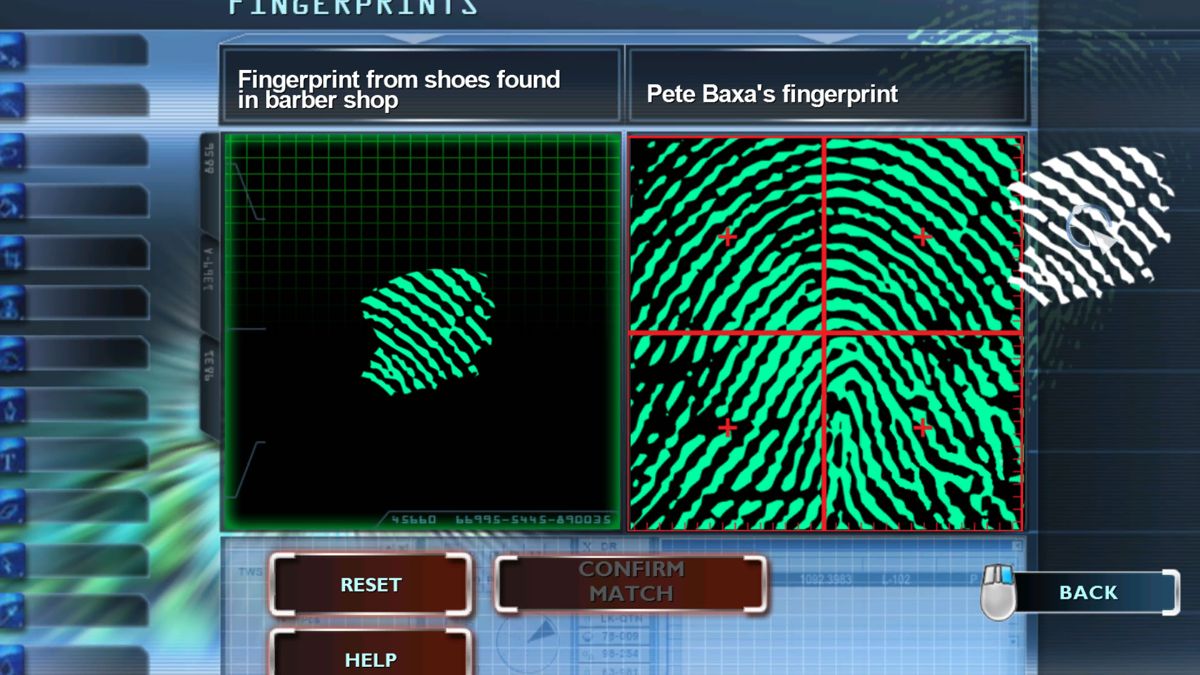 CSI: Crime Scene Investigation - Fatal Conspiracy (Windows) screenshot: Comparing two finger prints