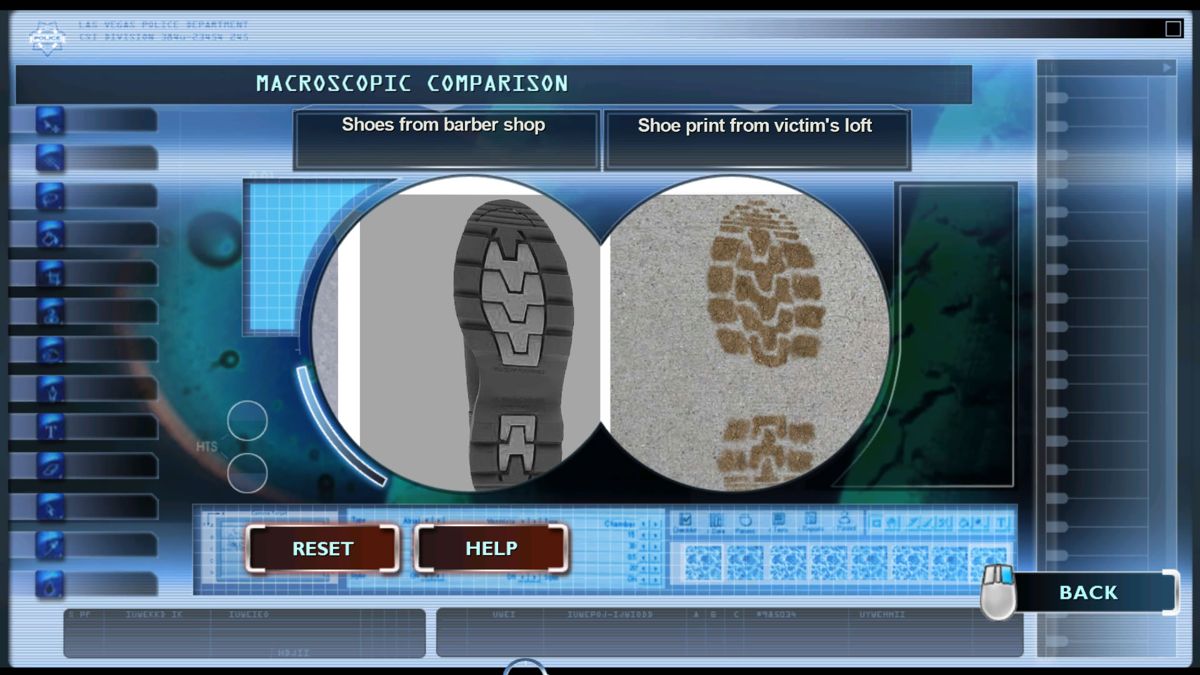 CSI: Crime Scene Investigation - Fatal Conspiracy (Windows) screenshot: Comparing the found footprint with a suspect's show