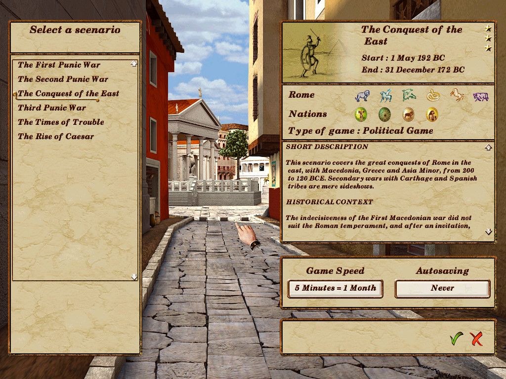 Pax Romana (Windows) screenshot: Menu : scenario selection