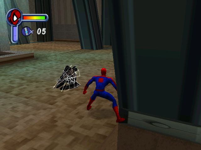 Spider-Man (Windows) screenshot: Left an enemy in a bodybag of webbing.