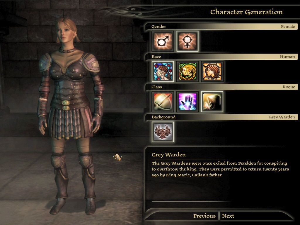 Dragon Age: Origins - Witch Hunt (Windows) screenshot: Creating a new character - Start screen, Rogue