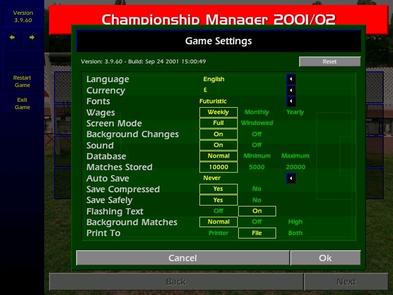 Championship Manager: Season 01/02 (Windows) screenshot: The game initially loads to a game settings screen, this is also accessible from the main game menu.