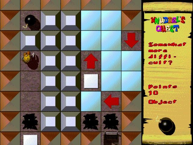 Knuddel's Quest (Windows) screenshot: Start of level 1. No where to go really. There are blocks all around. Better just pick up the coin and then the bomb