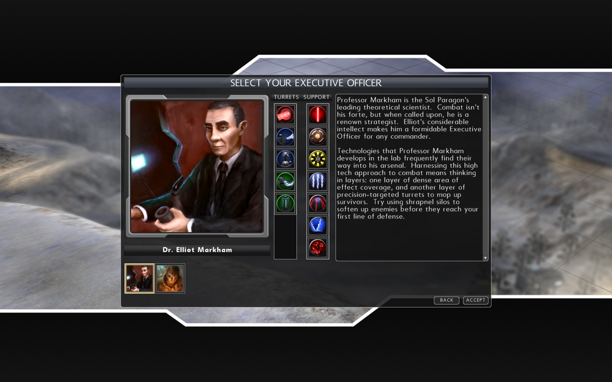 Sol Survivor (Windows) screenshot: The player can select from a number of commanders - although at this time in the campaign only two are available