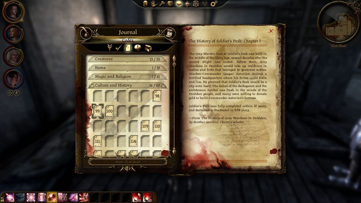 Dragon Age: Origins - Warden's Keep (Windows) screenshot: One of the new journal entries about the history of Warden's Keep