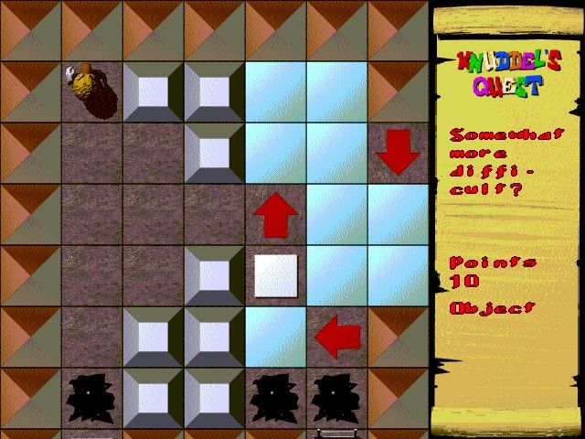Knuddel's Quest (Windows) screenshot: The pale blue tiles are ice, once on them Knuddle slides and cannot be steered in any way. The white square is a switch. The red arrows mean Knuddle can only move in that direction to exit that square