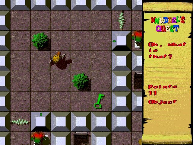 Knuddel's Quest (Windows) screenshot: So here Knudddle can collect a green key, and on some grey blocks is a green key hole. Could there be a connection with the green forcefields and will the guys in furry hooded jackets be friendly?