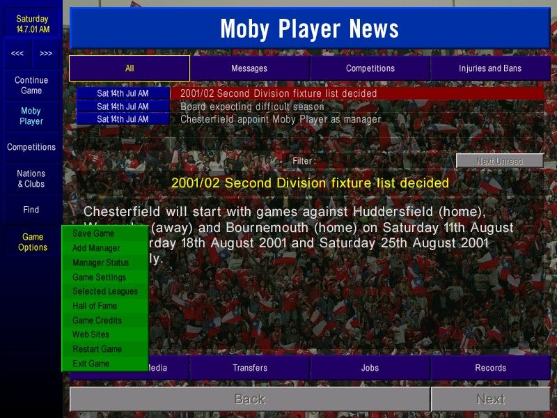 Championship Manager: Season 01/02 (Windows) screenshot: More messages follow. The clubs modest expectations for the season are to avoid relegation. Game controls are handily placed over on the left