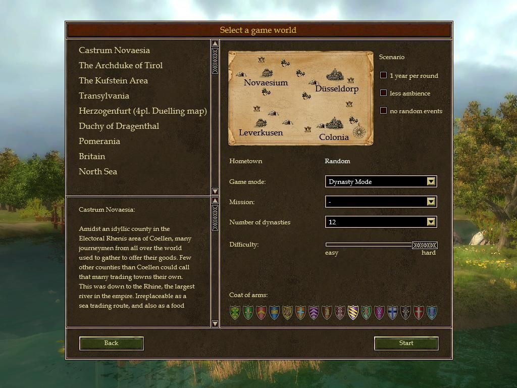 The Guild 2: Renaissance (Windows) screenshot: Scenario Selection - Choose a scenario, game difficulty, number of dynasties, etc. The new feature to change the one or four year per turn is also available here.