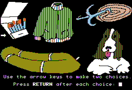 Microzine #6 (Apple II) screenshot: Fossils Alive! - Choosing what to Bring on my Adventure