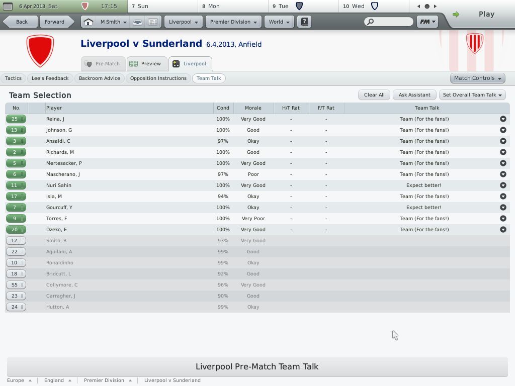 Football Manager 2010 (Windows) screenshot: A chance to motivate the players