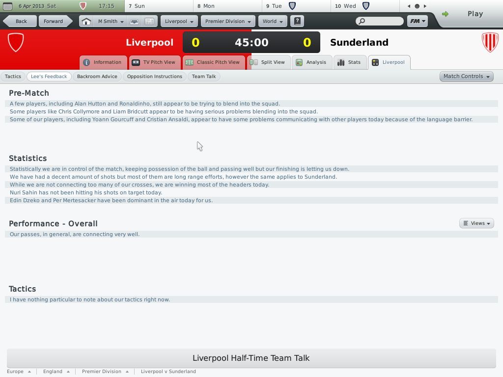 Football Manager 2010 (Windows) screenshot: My assistant isn't happy with the first half