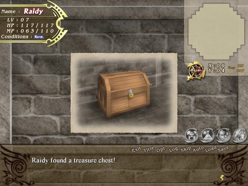 Lightning Warrior Raidy (Windows) screenshot: Chests usually contain valuable potions. Other chests contain weapons and armor. Chests are not viewable while exploring and are only discovered if the player moves into the same tile as the chest.