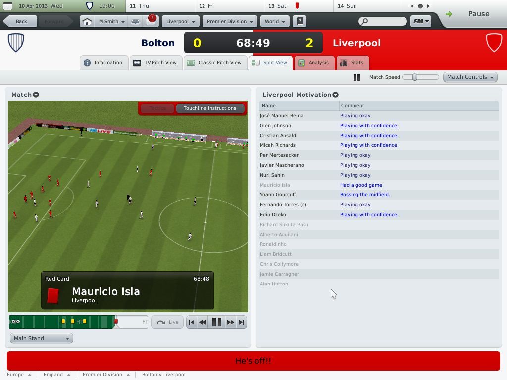 Football Manager 2010 (Windows) screenshot: A red card, in the split view