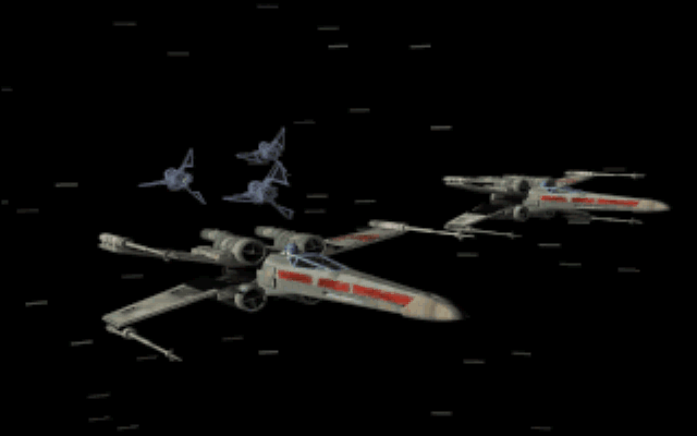 Star Wars: Rebel Assault II - The Hidden Empire (DOS) screenshot: Emporer's new phantom fighters engage the X-wings from the back