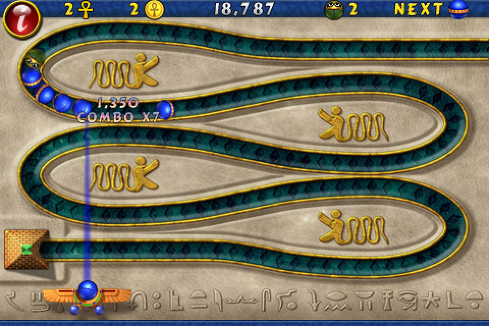 Luxor (iPhone) screenshot: Shoot your balls in the right spot and you'll score big combos