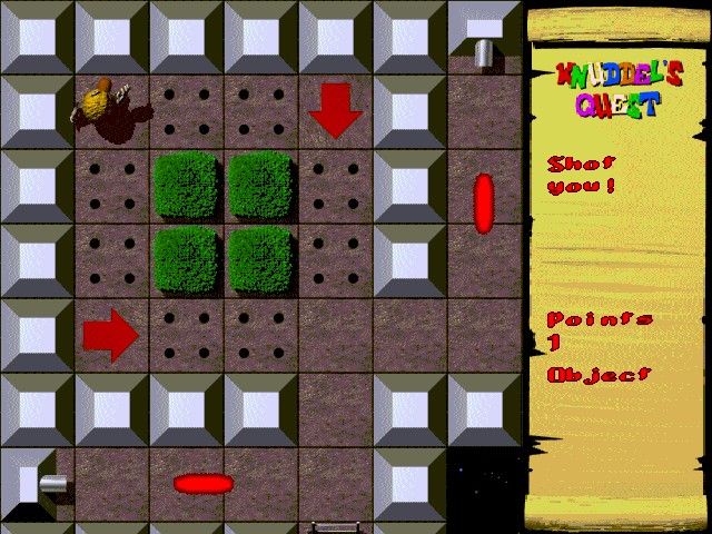 Knuddel's Quest (Windows) screenshot: From a later level, showing blocks with spikes in them and other blocks shooting energy beams