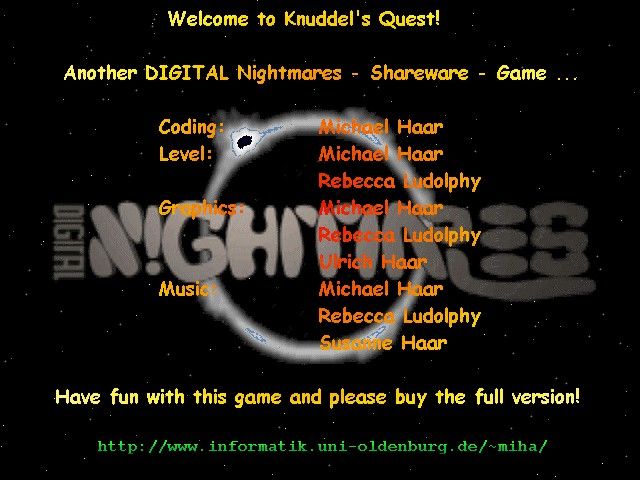 Knuddel's Quest (Windows) screenshot: The Information option gives the games developer credits for the Digital Nightmare team