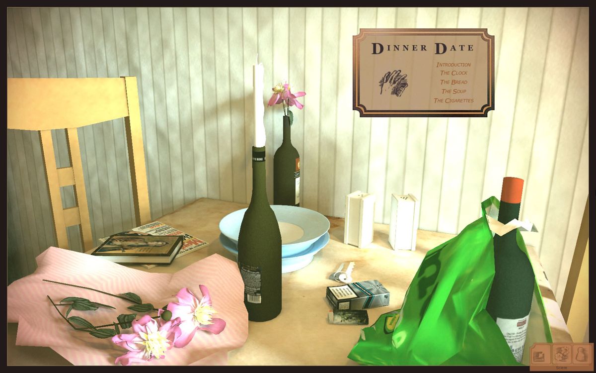 Dinner Date (Windows) screenshot: The opening scene and main menu with the chapter selection