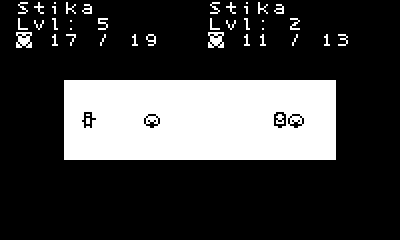 Pulpmon (Playdate) screenshot: The player's Stika licks the opposing Pulpmon, inflicting 2 damage.
