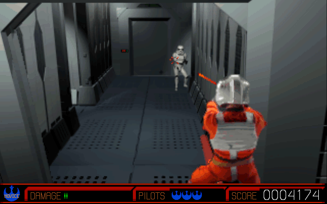 Star Wars: Rebel Assault II - The Hidden Empire (DOS) screenshot: Battling stormtroopers in the Corellia Star