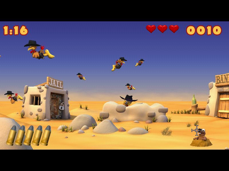 Crazy Chicken: Wanted (Windows) screenshot: Don't shoot moles, otherwise it will cost you points
