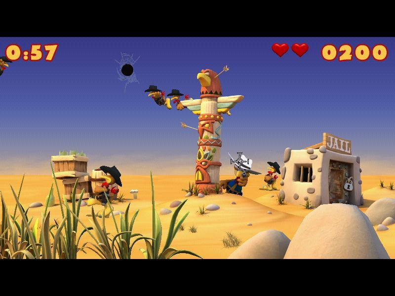 Crazy Chicken: Wanted (Windows) screenshot: Other chicken cowboys are hiding behind a totem pole