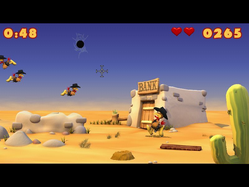 Crazy Chicken: Wanted (Windows) screenshot: Now the Bank, shoot these running and flying chickens, and never forget to reload