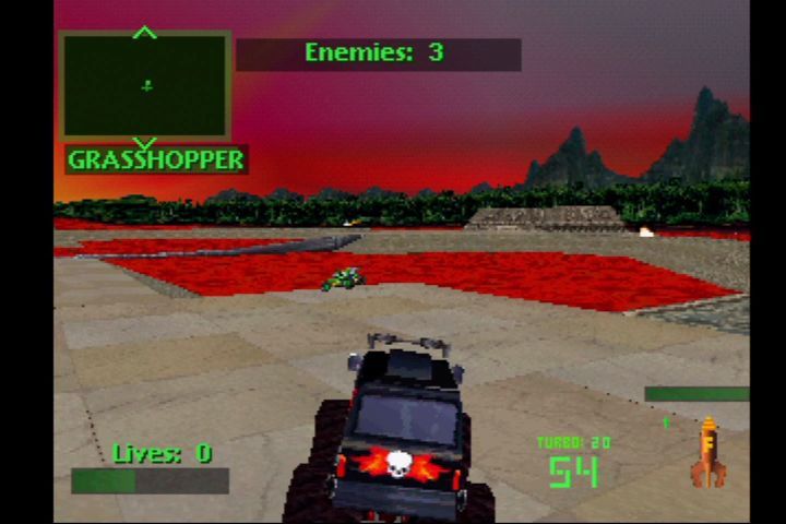 Twisted Metal 2 (PlayStation) screenshot: Amazonia level. Watch out for lava.