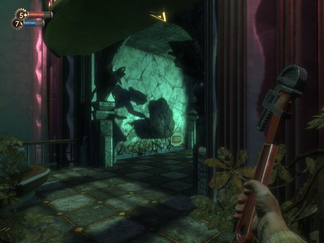BioShock (Windows) screenshot: Creepy - it seems like a woman attends to her baby. I won't tell you what really happens here