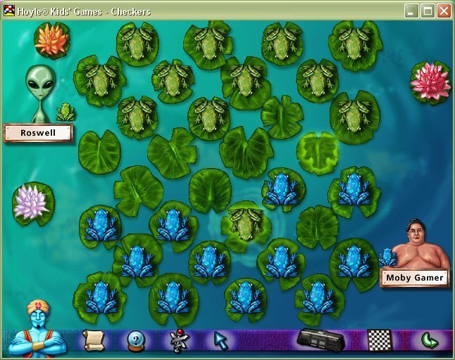 Hoyle Kids Games (Windows) screenshot: A game of Checkers in progress using the lily pad board