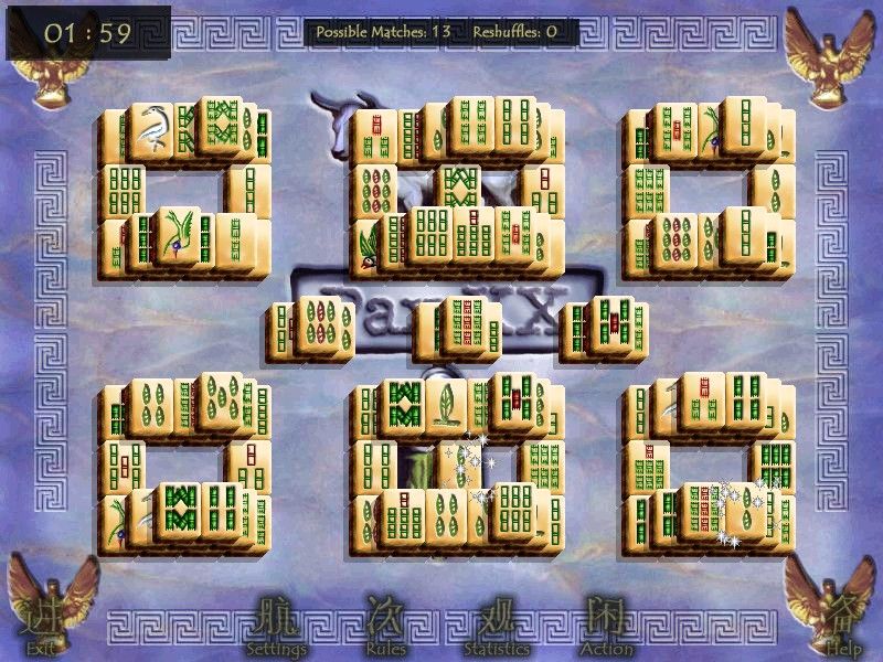 Ultimate Mahjongg 5 (Windows) screenshot: Further in the game. The stats at the top of the screen show that there are 13 possible tile matches and that the tiles have not been reshuffled