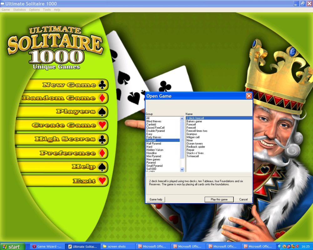 Ultimate Solitaire 1000 (Windows) screenshot: Games are grouped into groups with others that follow similar rules
