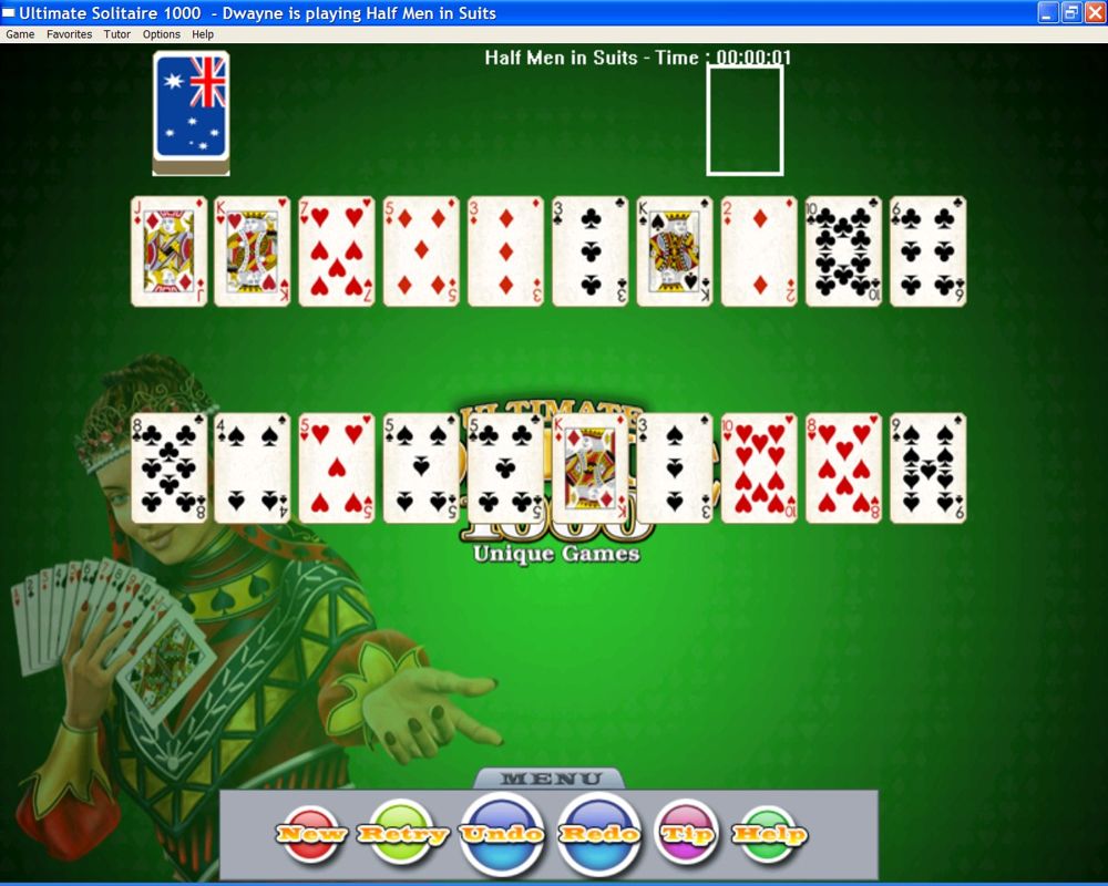Ultimate Solitaire 1000 (Windows) screenshot: Playing 'Half Men In Suits'. There are menu options above & below the play area
