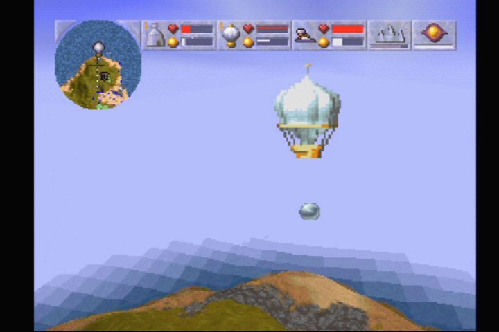 Magic Carpet Plus (PlayStation) screenshot: Your balloon collects claimed Mana and returns it to your castle.