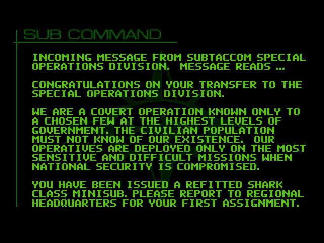 Subhunt (DOS) screenshot: This screen outlines the plot