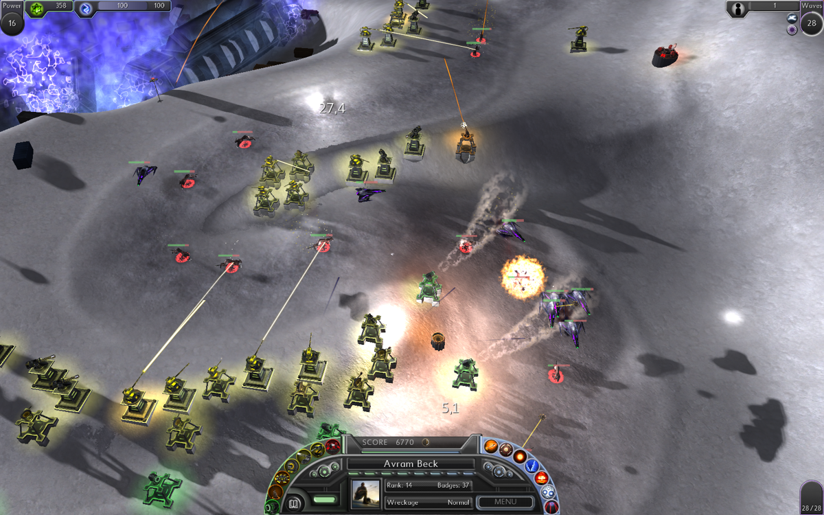 Sol Survivor (Windows) screenshot: Turbulence turrets are used to slow down flying creeps