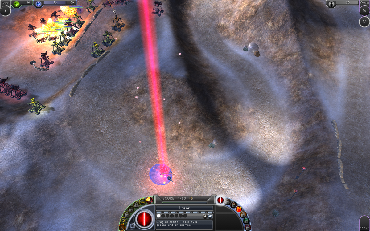 Sol Survivor (Windows) screenshot: Using the laser support attack to kill the creep that slipped through my defence