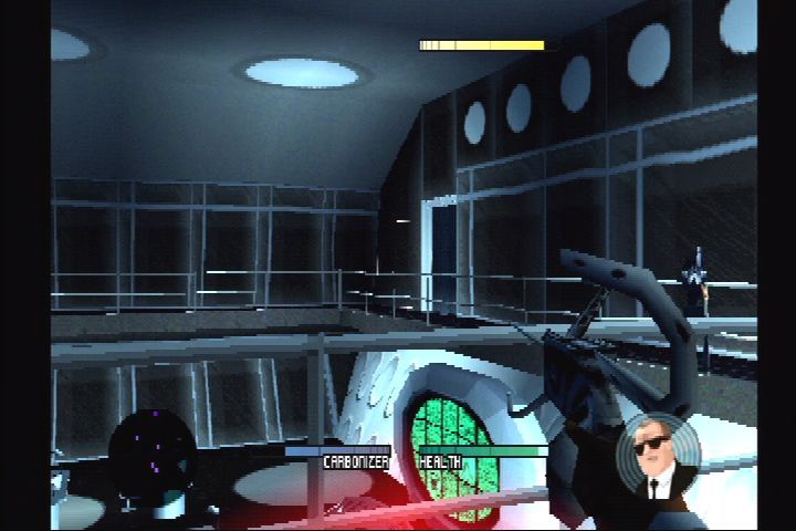 Men in Black: The Series - Crashdown (PlayStation) screenshot: Aliens have even broken into MIB HQ