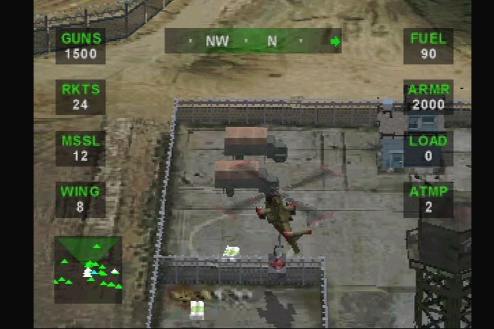 Nuclear Strike (PlayStation) screenshot: Use the winch to grab supplies and hostages.