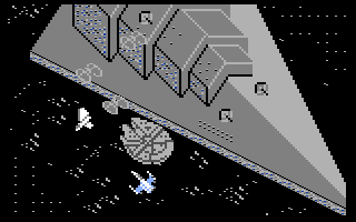 Star Wars: Return of the Jedi (Commodore 64) screenshot: Meanwhile, the Millennium Falcon launches an attack...