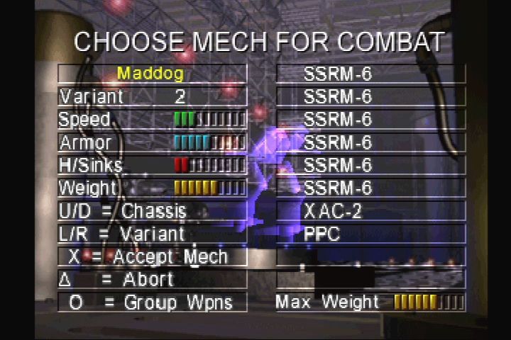 MechWarrior 2: 31st Century Combat (PlayStation) screenshot: Loading out the mech for battle.