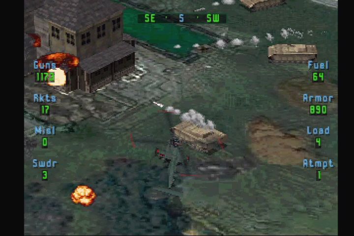 Soviet Strike (PlayStation) screenshot: Prevent these tanks from destroying this building.