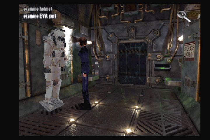 Martian Gothic: Unification (PlayStation) screenshot: X to use, then pick from the interaction menu